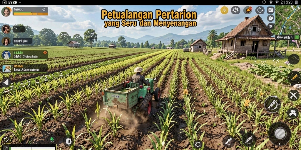Screenshot utama 888R menunjukkan aktivitas bertani yang seru dan visually stunning.