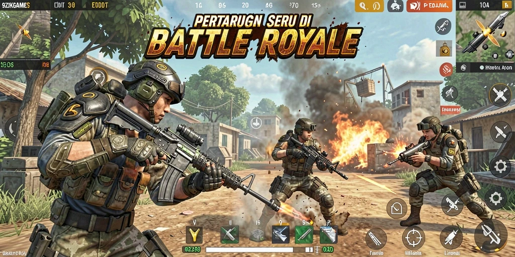 Tangkapan layar <strong>9ZKGAMES</strong> menampilkan aksi seru dalam pertempuran Battle Royale.