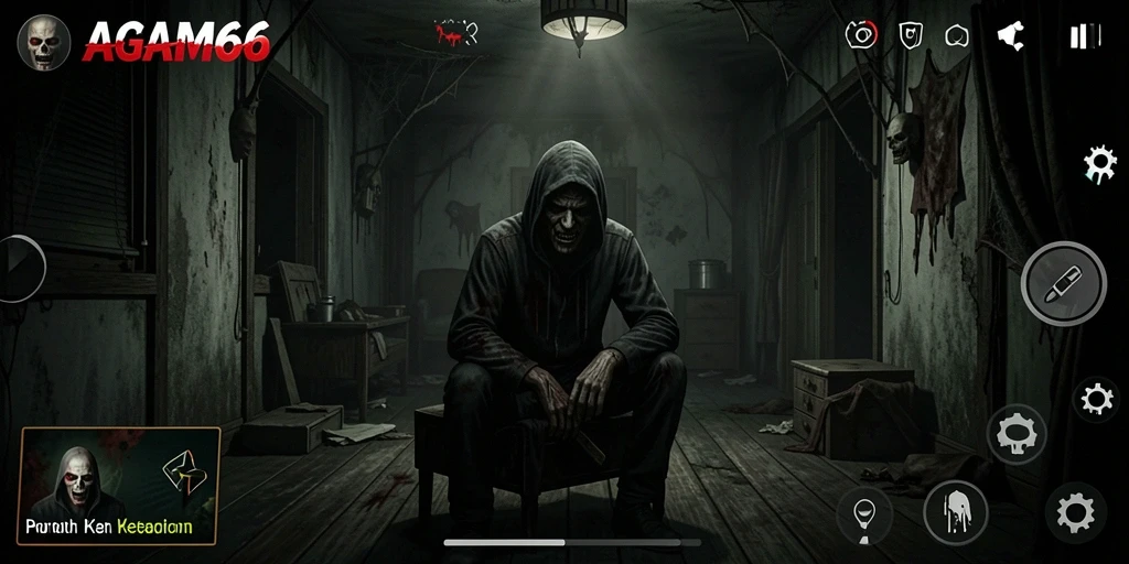 Screenshot gameplay AGAM66 yang menunjukkan suasana horor yang intens.