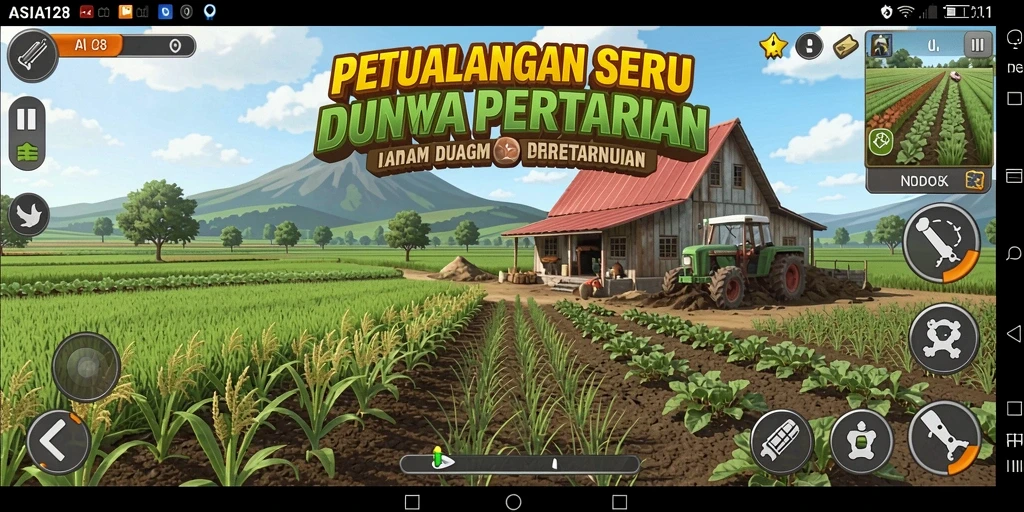 Screenshot gameplay ASIA128 menampilkan kebun yang subur dan aktivitas pertanian.