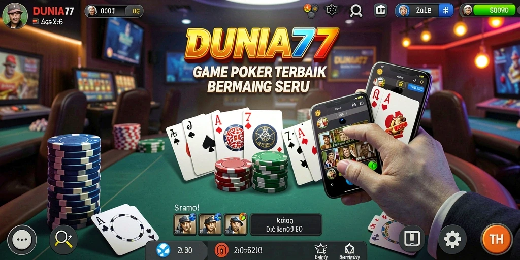 Screenshot DUNIA77 menampilkan gameplay poker yang seru dan interaktif.
