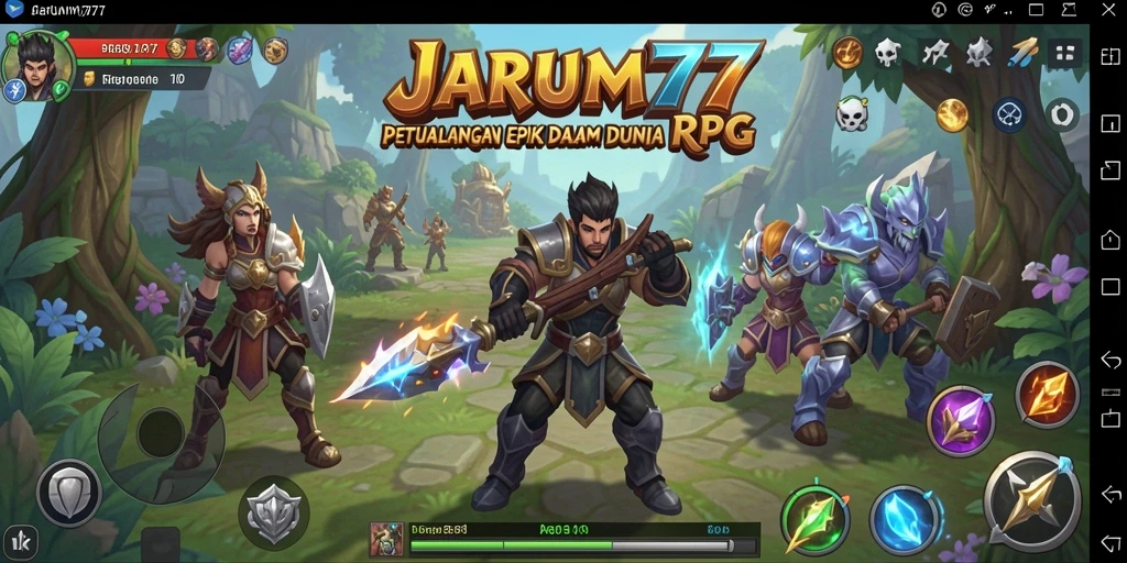 Screenshot menunjukkan pertarungan seru dalam game RPG JARUM77.