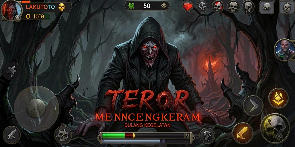 Screenshot gameplay menampilkan suasana menakutkan dalam LAKUTOTO.