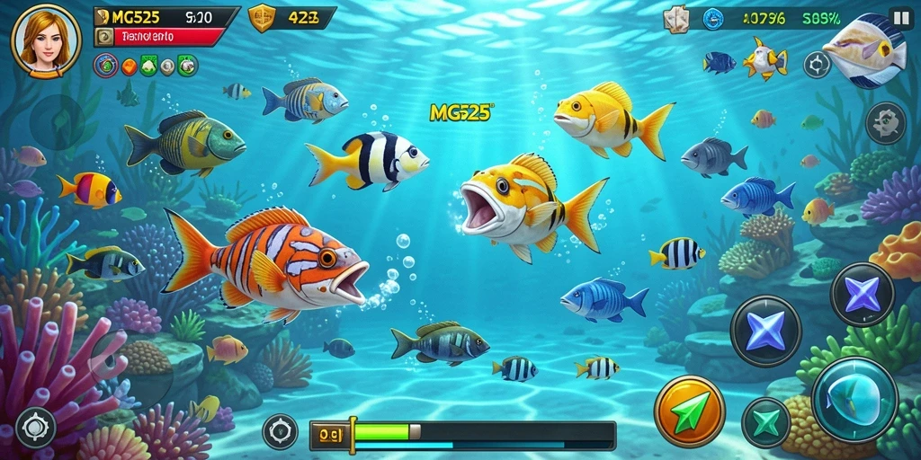 Screenshot gameplay MG525 dengan aksi menembak ikan yang seru.