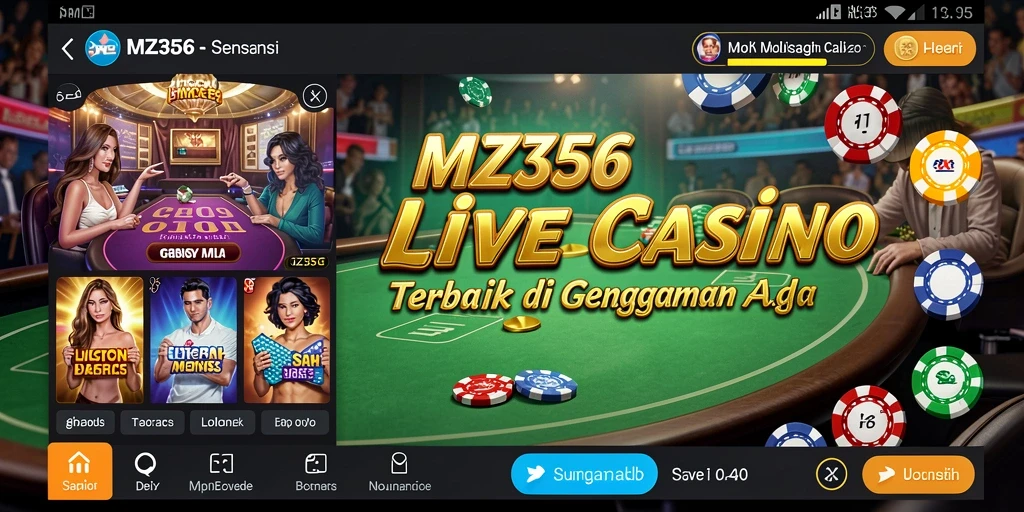 Screenshot gameplay MZ356 dengan dealer langsung dan suasana kasino.